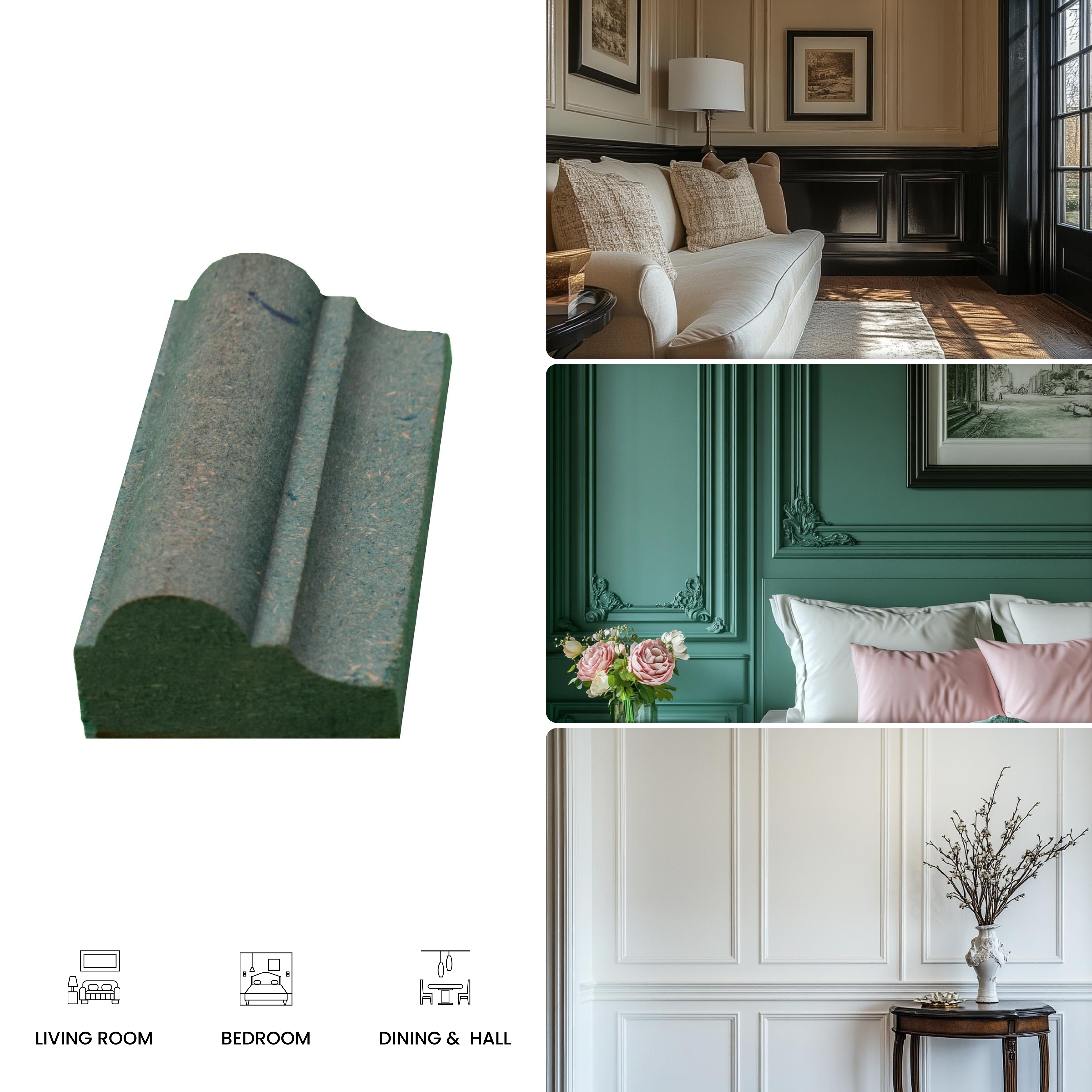 DIY Unfinished HDHMR Designer Paintable Wainscot French Wall Moulding Greenova PM 00304 | 8 ft x 1.25 inch x 17 mm | Nail & Adhesive Installation