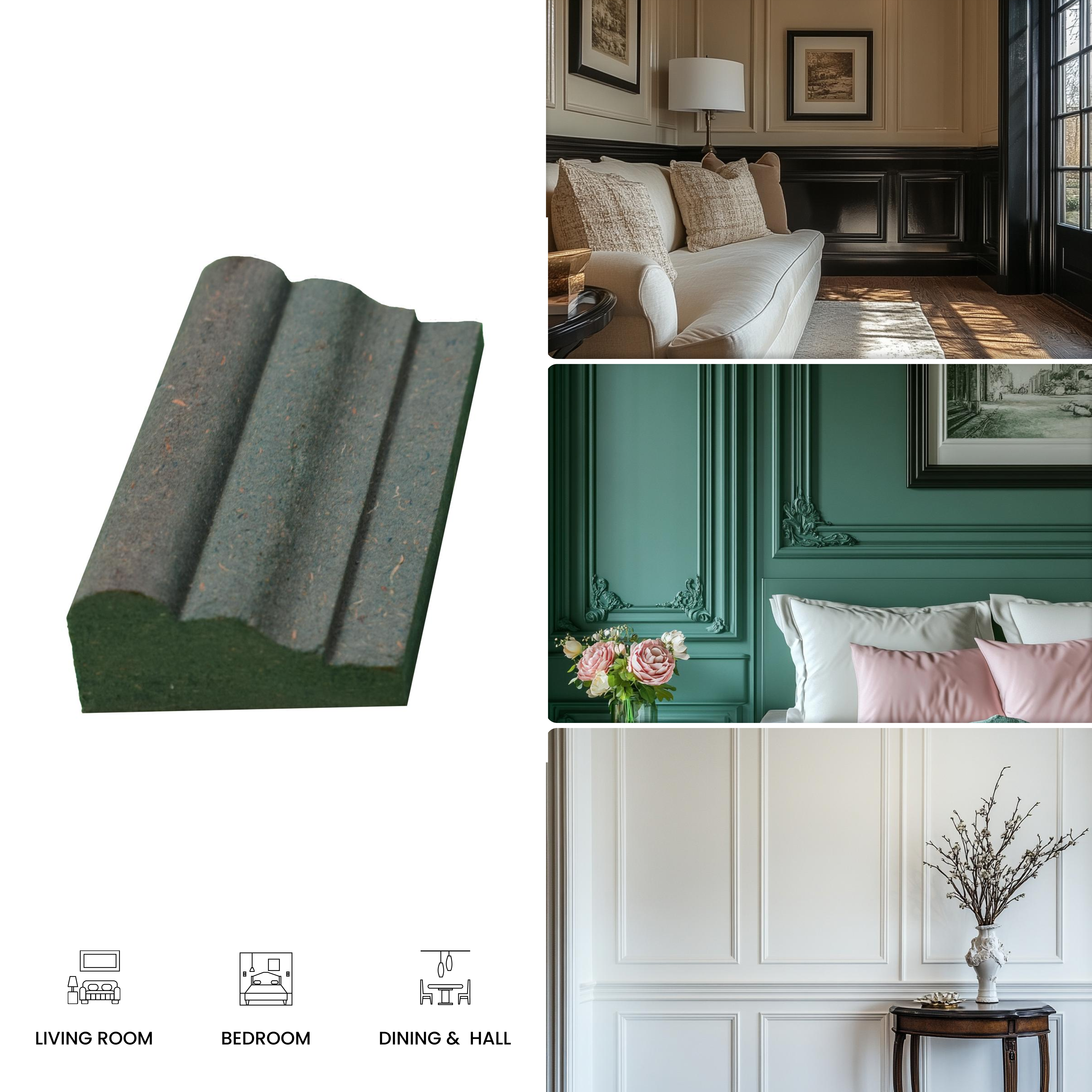 DIY Unfinished HDHMR Designer Paintable Wainscot French Wall Moulding Greenova PM 00307 | 8 ft x 38 mm x 18 mm | Nail & Adhesive Installation