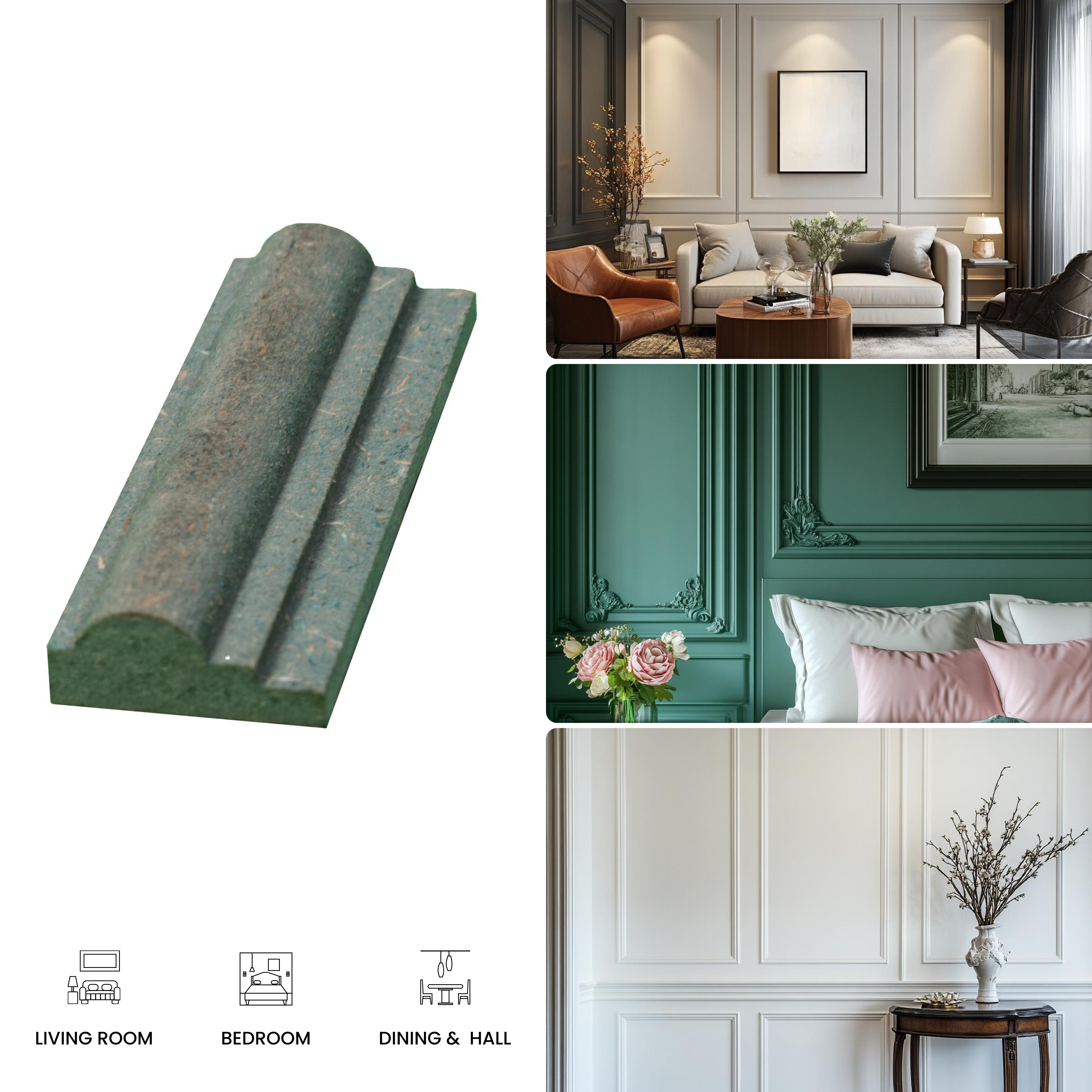 DIY Unfinished HDHMR Designer Paintable Wainscot French Wall Moulding Greenova PM 00306 | 8 ft x 1 inch x 11 mm | Nail & Adhesive Installation