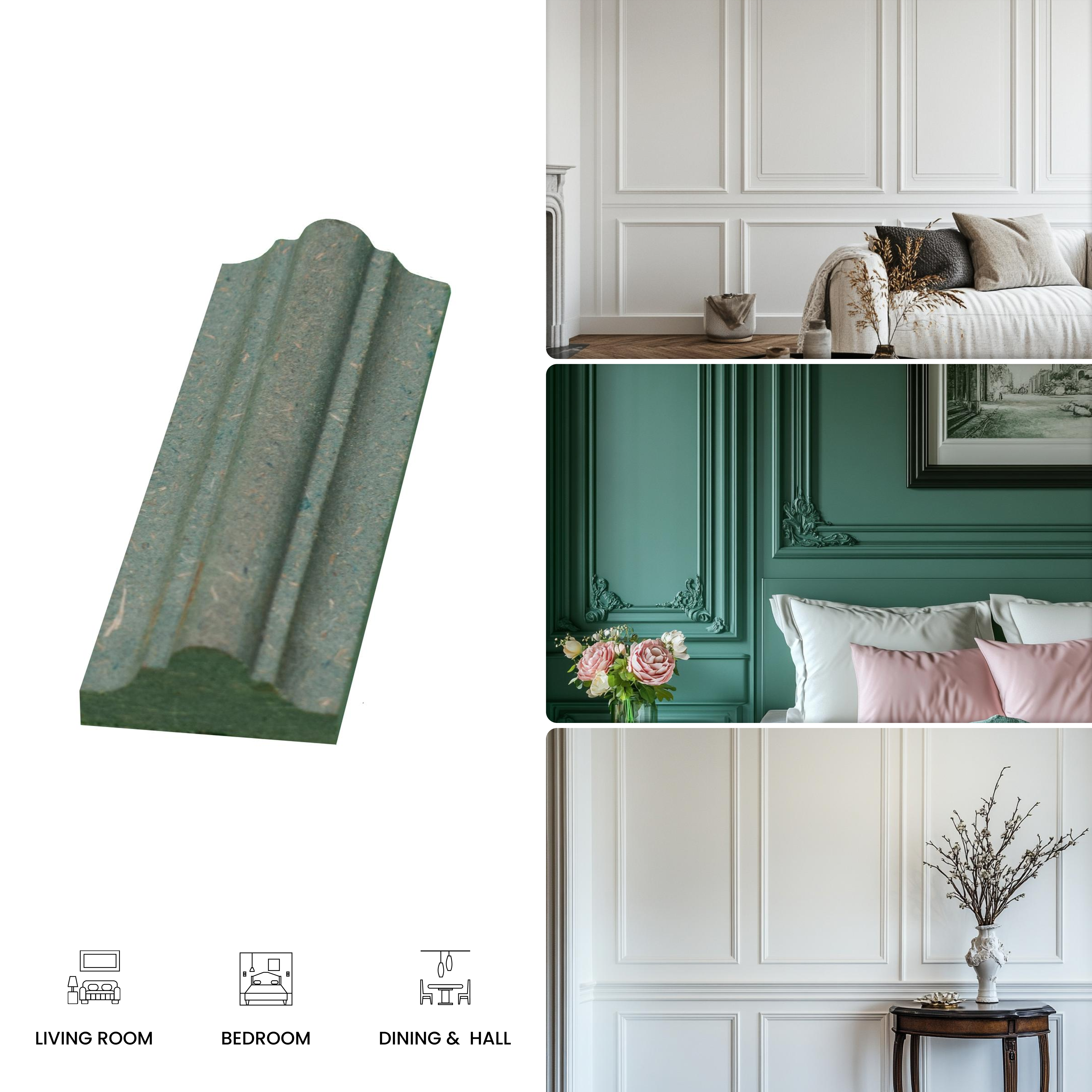 DIY Unfinished HDHMR Designer Paintable Wainscot French Wall Moulding Greenova PM 00300 | 8 ft x 32 mm x 12 mm | Nail & Adhesive Installation