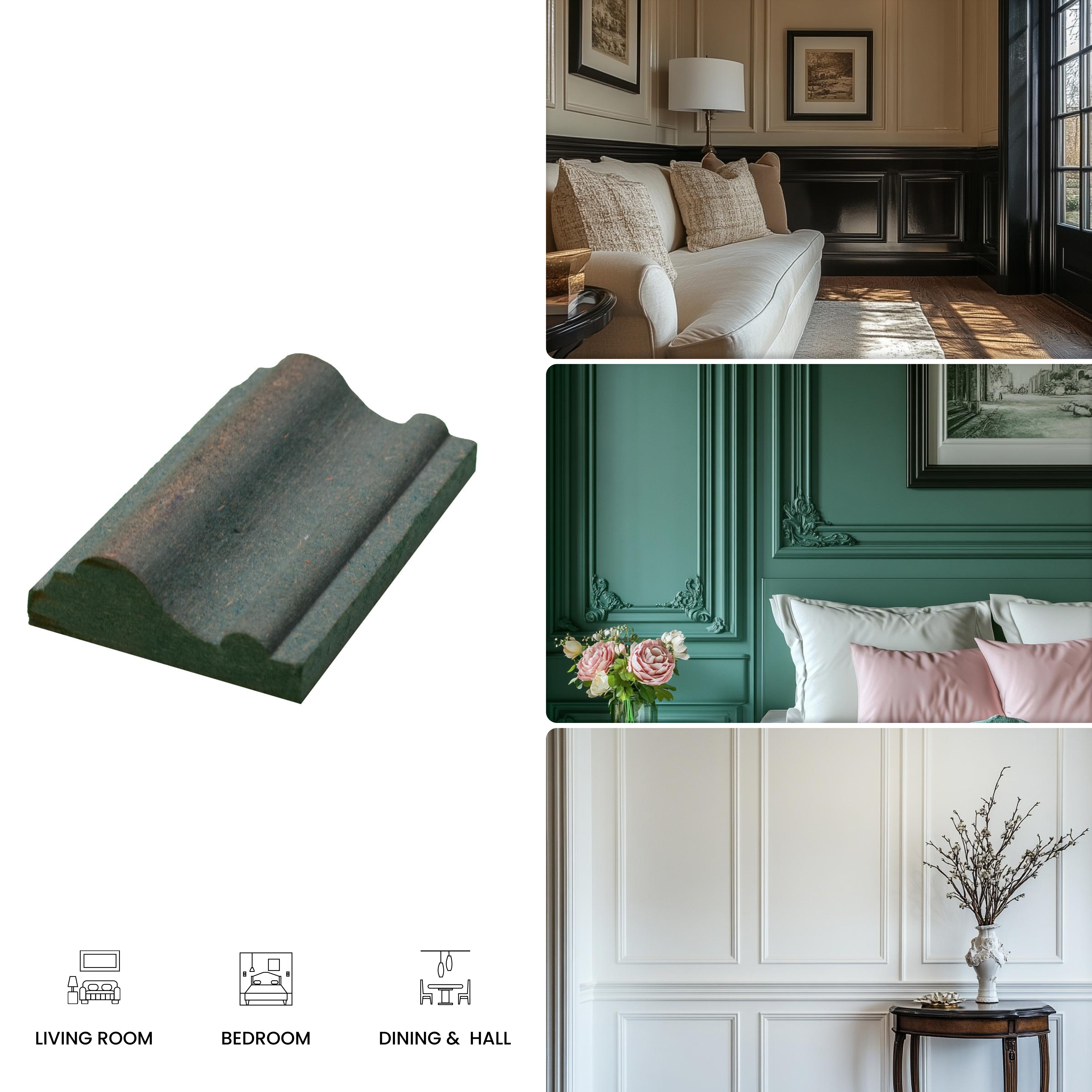 DIY Unfinished HDHMR Designer Paintable Wainscot French Wall Moulding Greenova PM 00305 | 8 ft x 50 mm x 18 mm | Nail & Adhesive Installation
