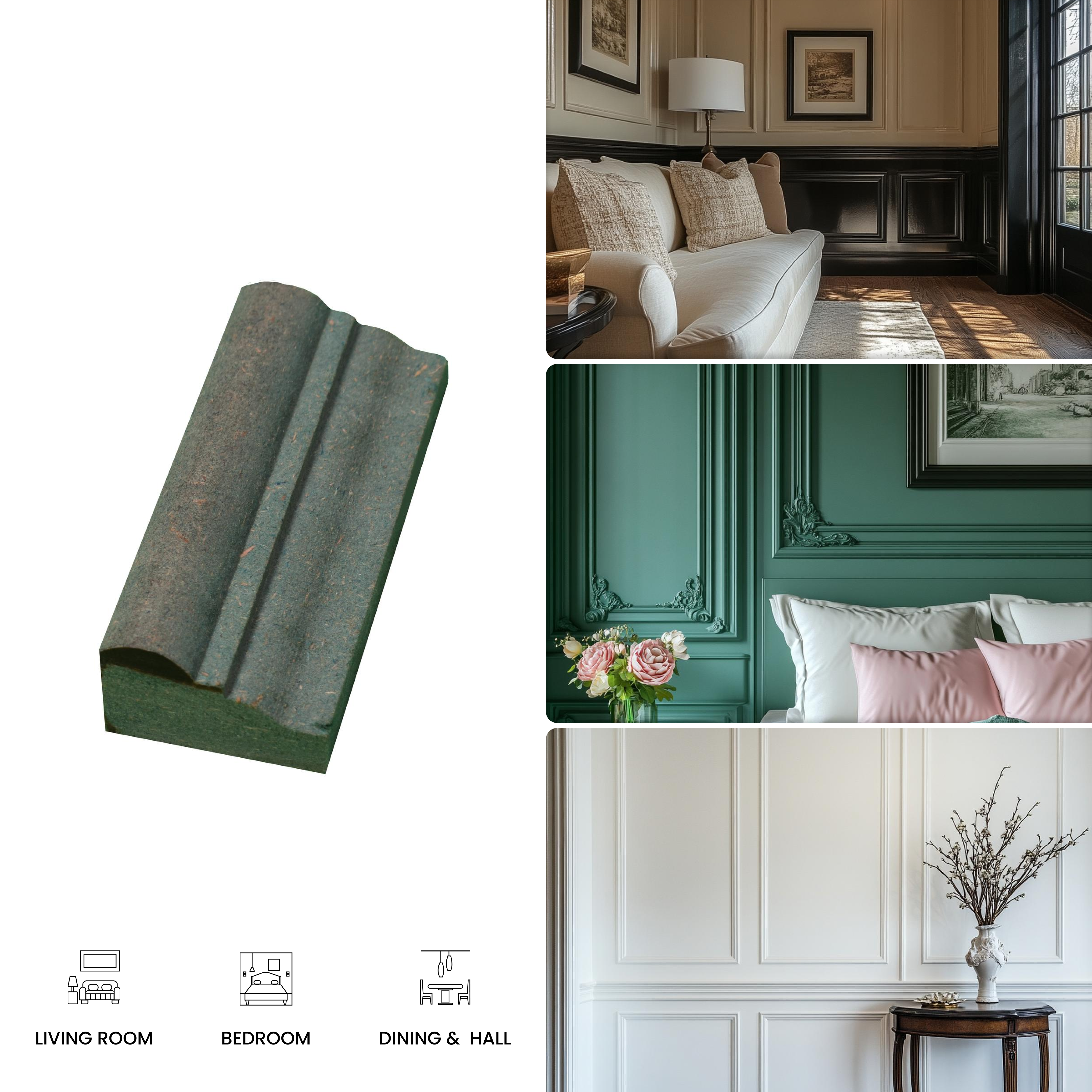 DIY Unfinished HDHMR Designer Paintable Wainscot French Wall Moulding Greenova PM 00309 | 8 ft x 1.25 inch x 18 mm | Nail & Adhesive Installation
