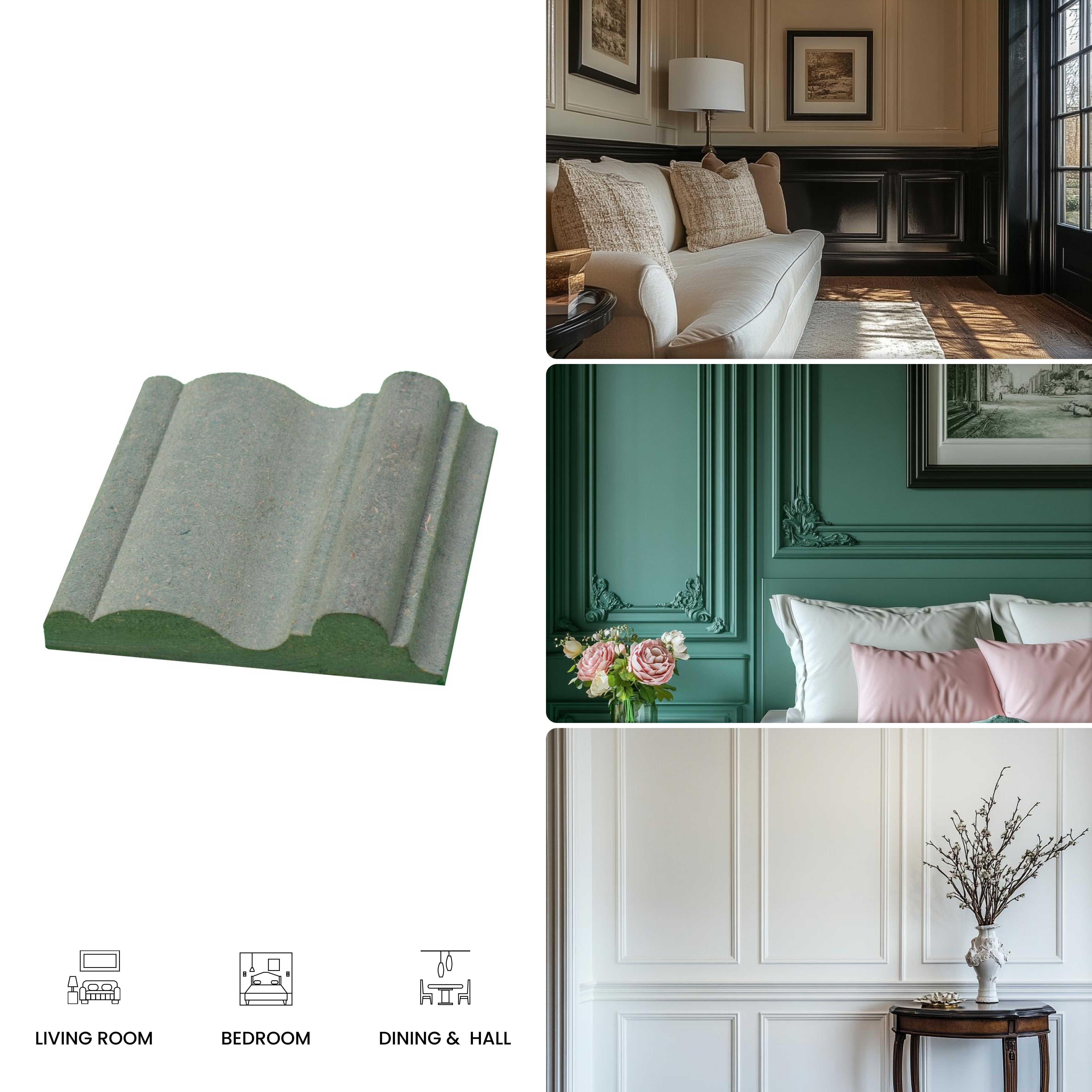 DIY Unfinished HDHMR Designer Paintable Wainscot French Wall Moulding Greenova PM 00313 | 8 ft x 3 inch x 18 mm | Nail & Adhesive Installation