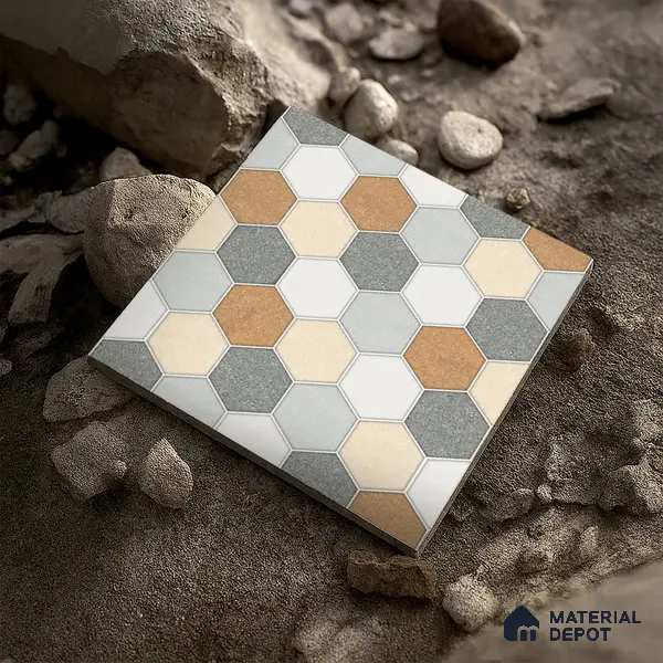 Hexagonal Look Floor Tile TL 05304 Strada Blinkish Brush 16 inch x 16 inch Vitrified Punch Matte Finish - 12 mm | Suitable for Parking, Balcony, Courtyard, Patio, Terrace | Pattern Alignment May Vary | 2-3 mm Spacer is Mandatory
