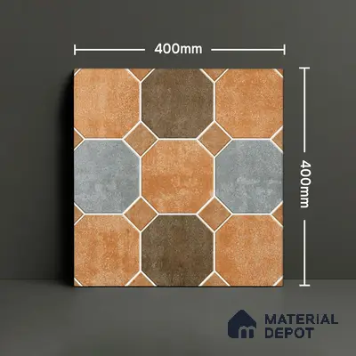 Hexagonal Look Floor Tile TL 05305 Strada Terracotta Octanne 16 inch x 16 inch Vitrified Plain Matte Finish - 12 mm | Suitable for Parking, Balcony, Courtyard, Patio, Terrace | Pattern Alignment May Vary | 2-3 mm Spacer is Mandatory