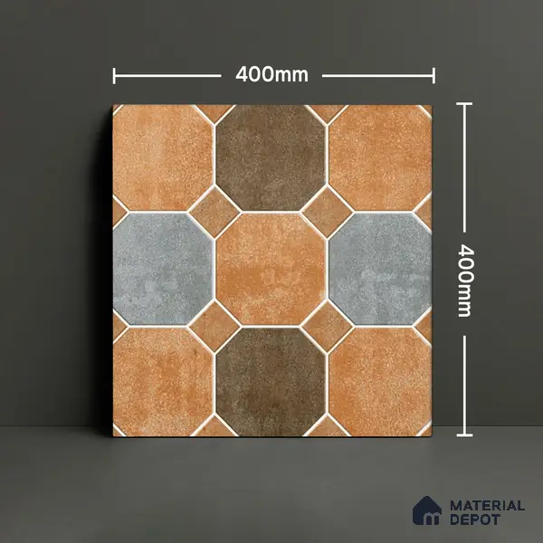 Hexagonal Look Floor Tile TL 05305 Strada Terracotta Octanne 16 inch x 16 inch Vitrified Plain Matte Finish - 12 mm | Suitable for Parking, Balcony, Courtyard, Patio, Terrace | Pattern Alignment May Vary | 2-3 mm Spacer is Mandatory