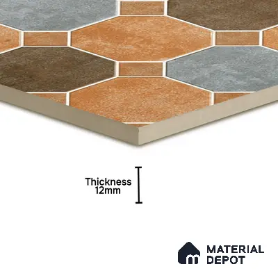 Hexagonal Look Floor Tile TL 05305 Strada Terracotta Octanne 16 inch x 16 inch Vitrified Plain Matte Finish - 12 mm | Suitable for Parking, Balcony, Courtyard, Patio, Terrace | Pattern Alignment May Vary | 2-3 mm Spacer is Mandatory