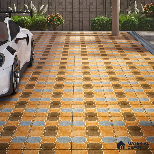 Hexagonal Look Floor Tile TL 05305 Strada Terracotta Octanne 16 inch x 16 inch Vitrified Plain Matte Finish - 12 mm | Suitable for Parking, Balcony, Courtyard, Patio, Terrace | Pattern Alignment May Vary | 2-3 mm Spacer is Mandatory