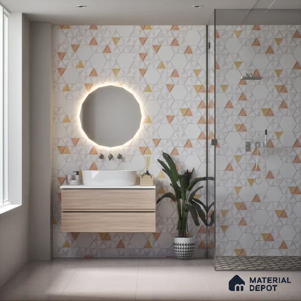 Hexagonal Wall Tile TL 05096 Geome Enclose Snowy 12 x 10 inch Vitrified Matte Finish - 9 mm | Suitable for Living Room, Bedroom, Bathroom, Kitchen & Balcony (Sample)