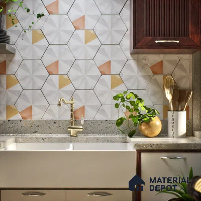 Hexagonal Wall Tile TL 05096 Geome Enclose Snowy 12 x 10 inch Vitrified Matte Finish - 9 mm | Suitable for Living Room, Bedroom, Bathroom, Kitchen & Balcony (Sample)