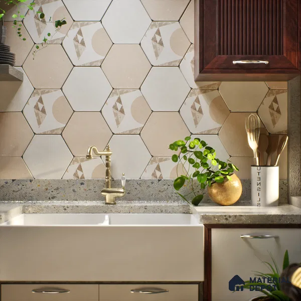 Hexagonal Wall Tile TL 05097 Geome Fellow Badami 12 x 10 inch Vitrified Matte Finish - 9 mm | Suitable for Living Room, Bedroom, Bathroom, Kitchen & Balcony (Sample)