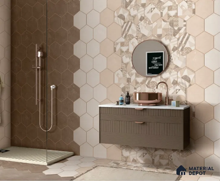 Hexagonal Wall Tile TL 05097 Geome Fellow Badami 12 x 10 inch Vitrified Matte Finish - 9 mm | Suitable for Living Room, Bedroom, Bathroom, Kitchen & Balcony (Sample)