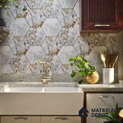 Hexagonal Wall Tile TL 05098 B Geome Fellow Cemento 12 x 10 inch Vitrified Matte Finish - 9 mm | Suitable for Living Room, Bedroom, Bathroom, Kitchen & Balcony (Sample)