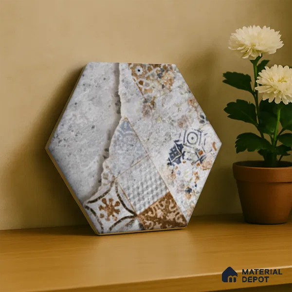 Hexagonal Wall Tile TL 05098 B Geome Fellow Cemento 12 x 10 inch Vitrified Matte Finish - 9 mm | Suitable for Living Room, Bedroom, Bathroom, Kitchen & Balcony (Sample)