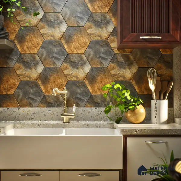 Hexagonal Wall Tile TL 05099 Geome Fellow Fire 12 x 10 inch Vitrified Matte Finish - 9 mm | Suitable for Living Room, Bedroom, Bathroom, Kitchen & Balcony