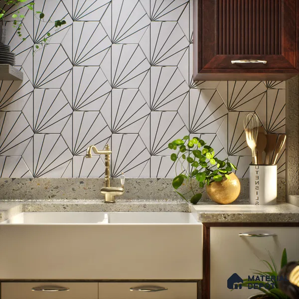 Hexagonal Wall Tile TL 05101 Geome Fellow Ray 12 x 10 inch Vitrified Matte Finish - 9 mm | Suitable for Living Room, Bedroom, Bathroom, Kitchen & Balcony