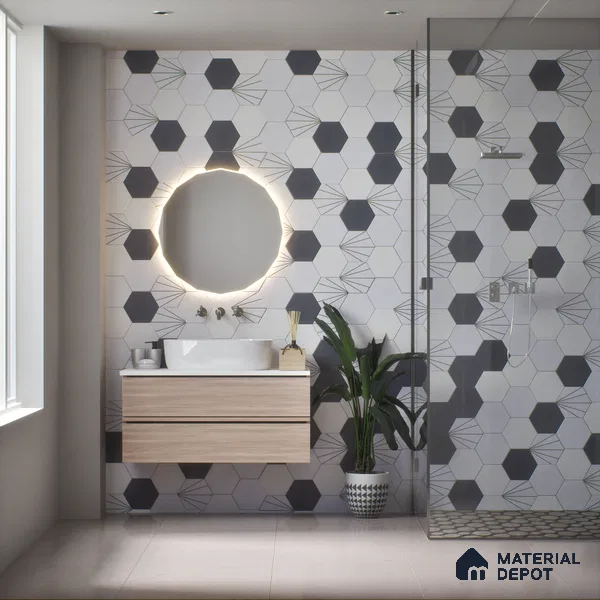 Hexagonal Wall Tile TL 05101 Geome Fellow Ray 12 x 10 inch Vitrified Matte Finish - 9 mm | Suitable for Living Room, Bedroom, Bathroom, Kitchen & Balcony