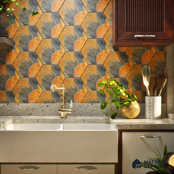 Hexagonal Wall Tile TL 05102 Geome Fellow Rock 12 x 10 inch Vitrified Matte Finish - 9 mm | Suitable for Living Room, Bedroom, Bathroom, Kitchen & Balcony