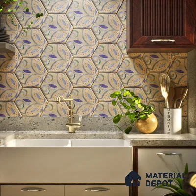 Hexagonal Wall Tile TL 05105 B Geome Framery Flora 12 x 10 inch Vitrified Matte Finish - 9 mm | Suitable for Living Room, Bedroom, Bathroom, Kitchen & Balcony (Sample)