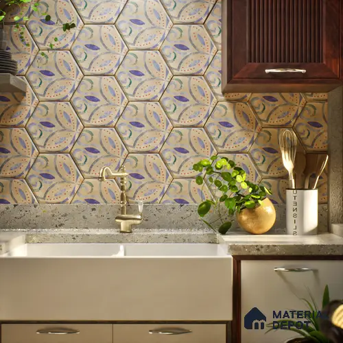 Hexagonal Wall Tile TL 05105 B Geome Framery Flora 12 x 10 inch Vitrified Matte Finish - 9 mm | Suitable for Living Room, Bedroom, Bathroom, Kitchen & Balcony