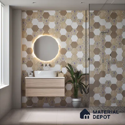Hexagonal Wall Tile TL 05105 C Geome Framery Flora 12 x 10 inch Vitrified Matte Finish - 9 mm | Suitable for Living Room, Bedroom, Bathroom, Kitchen & Balcony (Sample)