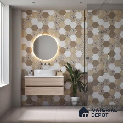 Hexagonal Wall Tile TL 05105 Geome Framery Flora 12 x 10 inch Vitrified Matte Finish - 9 mm | Suitable for Living Room, Bedroom, Bathroom, Kitchen & Balcony (Sample)