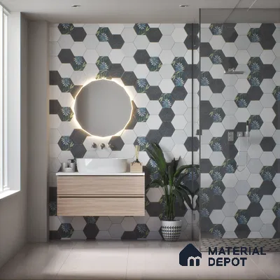 Hexagonal Wall Tile TL 05108 C Geome Lineout Algae Dark 12 x 10 inch Vitrified Matte Finish - 9 mm | Suitable for Living Room, Bedroom, Bathroom, Kitchen & Balcony