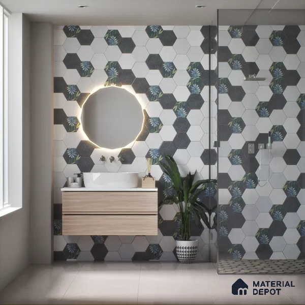 Hexagonal Wall Tile TL 05108 C Geome Lineout Algae Dark 12 x 10 inch Vitrified Matte Finish - 9 mm | Suitable for Living Room, Bedroom, Bathroom, Kitchen & Balcony