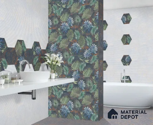 Hexagonal Wall Tile TL 05108 C Geome Lineout Algae Dark 12 x 10 inch Vitrified Matte Finish - 9 mm | Suitable for Living Room, Bedroom, Bathroom, Kitchen & Balcony
