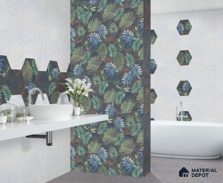 Hexagonal Wall Tile TL 05108 C Geome Lineout Algae Dark 12 x 10 inch Vitrified Matte Finish - 9 mm | Suitable for Living Room, Bedroom, Bathroom, Kitchen & Balcony