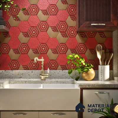 Hexagonal Wall Tile TL 05652 Matrix Crimson Hex 6 x 6 inch Ceramic Matte Finish - 9 mm | 2 Random Faces | Suitable for Living Room, Bathroom, Kitchen & Backsplash