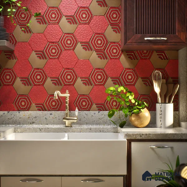 Hexagonal Wall Tile TL 05652 Matrix Crimson Hex 6 x 6 inch Ceramic Matte Finish - 9 mm | 2 Random Faces | Suitable for Living Room, Bathroom, Kitchen & Backsplash