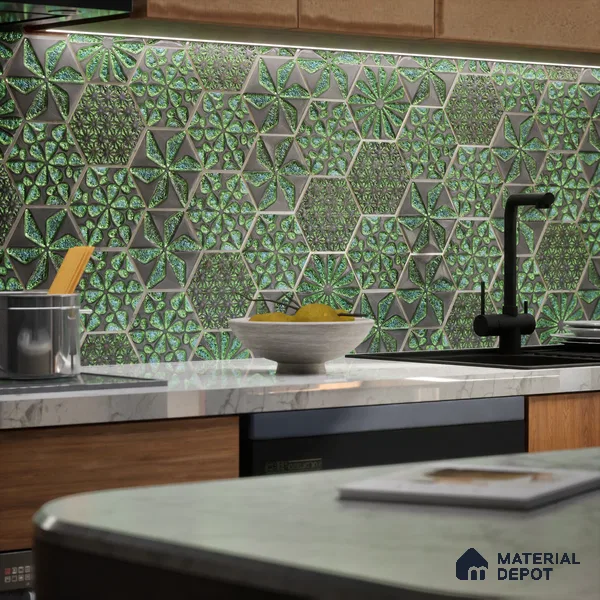 Hexagonal Wall Tile TL 05657 Matrix Distinctive Fern 6 x 6 inch Ceramic Matte Finish - 9 mm | 4 Random Faces | Suitable for Living Room, Bathroom, Kitchen & Backsplash