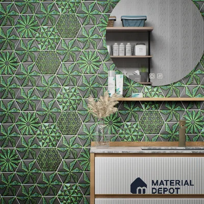 Hexagonal Wall Tile TL 05657 Matrix Distinctive Fern 6 x 6 inch Ceramic Matte Finish - 9 mm | 4 Random Faces | Suitable for Living Room, Bathroom, Kitchen & Backsplash