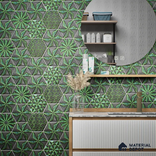 Hexagonal Wall Tile TL 05657 Matrix Distinctive Fern 6 x 6 inch Ceramic Matte Finish - 9 mm | 4 Random Faces | Suitable for Living Room, Bathroom, Kitchen & Backsplash