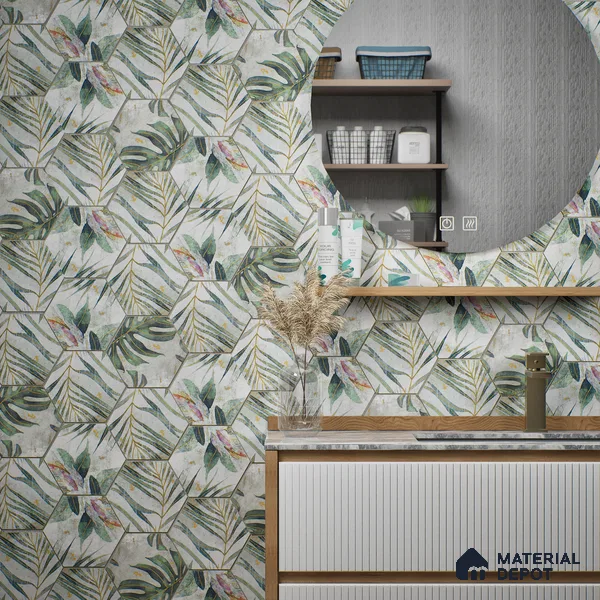 Hexagonal Wall Tile TL 05654 Matrix Jungle Emerald 6 x 6 inch Ceramic Matte Finish - 9 mm | 4 Random Faces | Suitable for Living Room, Bathroom, Kitchen & Backsplash