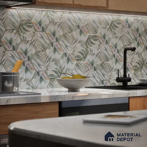 Hexagonal Wall Tile TL 05654 Matrix Jungle Emerald 6 x 6 inch Ceramic Matte Finish - 9 mm | 4 Random Faces | Suitable for Living Room, Bathroom, Kitchen & Backsplash