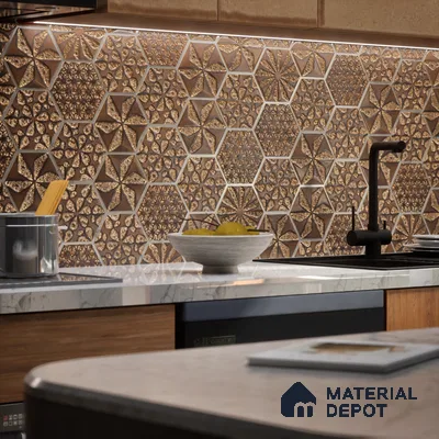 Hexagonal Wall Tile TL 05653 Matrix Unique Gold 6 x 6 inch Ceramic Matte Finish - 9 mm | 4 Random Faces | Suitable for Living Room, Bathroom, Kitchen & Backsplash