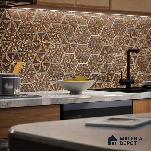 Hexagonal Wall Tile TL 05653 Matrix Unique Gold 6 x 6 inch Ceramic Matte Finish - 9 mm | 4 Random Faces | Suitable for Living Room, Bathroom, Kitchen & Backsplash