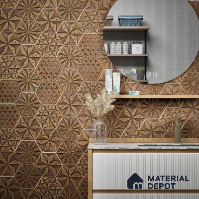 Hexagonal Wall Tile TL 05653 Matrix Unique Gold 6 x 6 inch Ceramic Matte Finish - 9 mm | 4 Random Faces | Suitable for Living Room, Bathroom, Kitchen & Backsplash