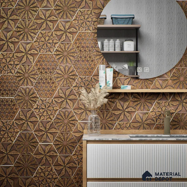 Hexagonal Wall Tile TL 05653 Matrix Unique Gold 6 x 6 inch Ceramic Matte Finish - 9 mm | 4 Random Faces | Suitable for Living Room, Bathroom, Kitchen & Backsplash