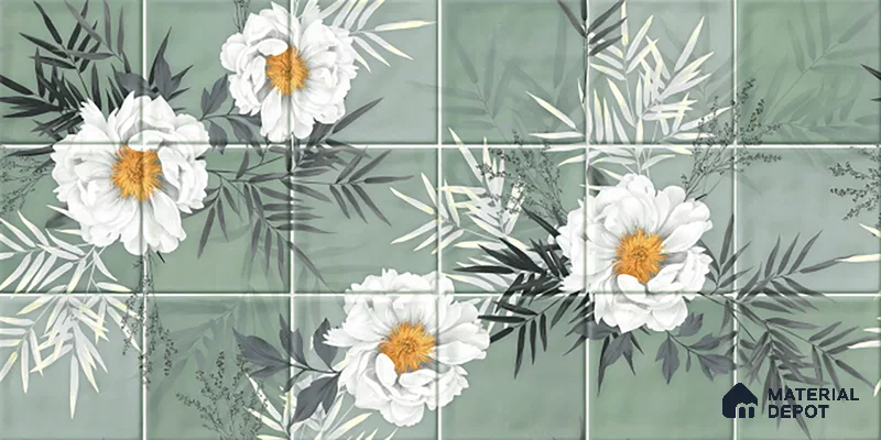 Floral Wall Tile TL 06007 G Dove Sea Green Decore A 2 ft x 1 ft Ceramic Glossy Finish - 7.5 mm | Suitable For Kitchen, Bathroom | Please Expect a Slight Variation of Pattern (Sample)