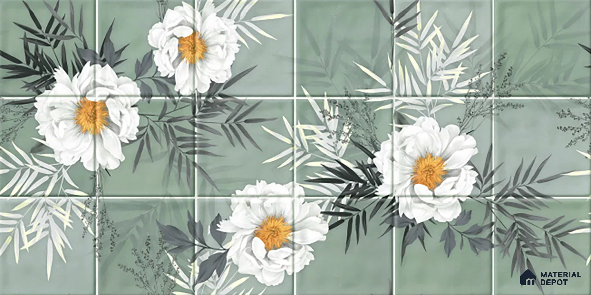 Floral Wall Tile TL 06007 G Dove Sea Green Decore A 2 ft x 1 ft Ceramic Glossy Finish - 7.5 mm | Suitable For Kitchen, Bathroom | Please Expect a Slight Variation of Pattern (Sample)