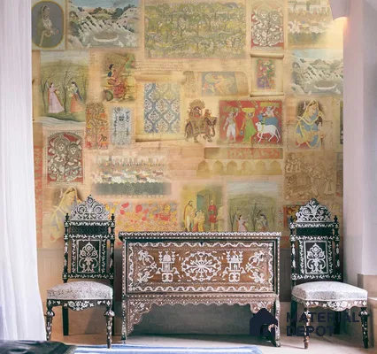 Hindustan, Indian Folk Art Inspired Montage Wallpaper, Customised Sukoon Series Handmade Patterned Design (Customised Size Wallpaper)