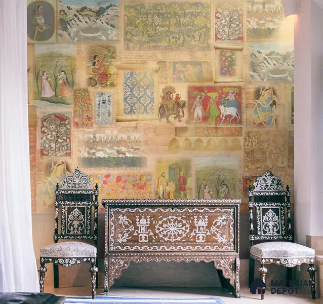 Hindustan, Indian Folk Art Inspired Montage Wallpaper, Customised Sukoon Series Handmade Patterned Design (Customised Size Wallpaper)