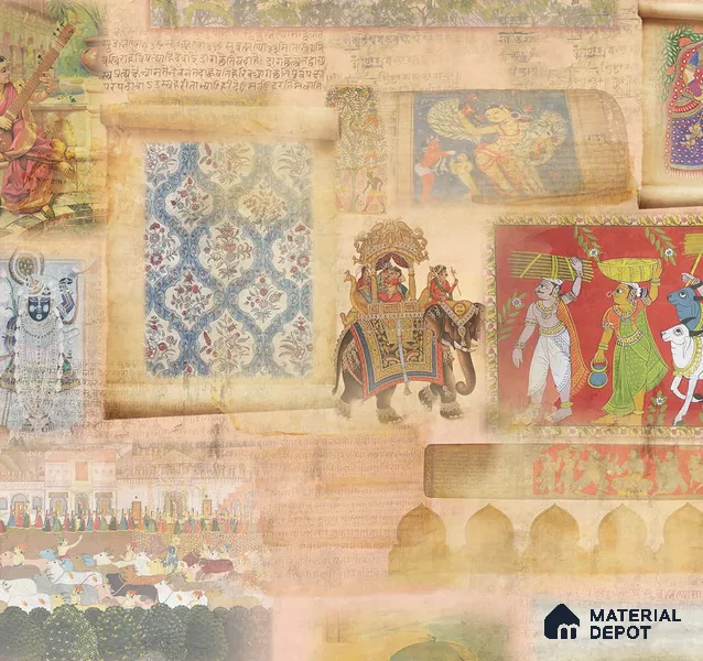 Hindustan, Indian Folk Art Inspired Montage Wallpaper, Customised Sukoon Series Handmade Patterned Design (Customised Size Wallpaper)