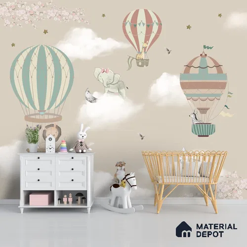 Hot Air Balloons with Animals Wallpaper for Kids Room Walls, Kids Wall Designs Sparkla N Shine Series Handmade Entertainment Design (Customised Size Wallpaper)