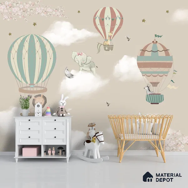 Hot Air Balloons with Animals Wallpaper for Kids Room Walls, Kids Wall Designs Sparkla N Shine Series Handmade Entertainment Design (Customised Size Wallpaper)
