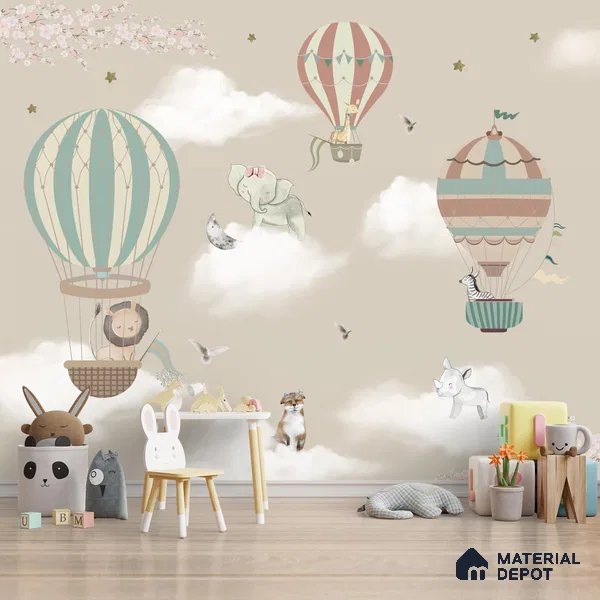 Hot Air Balloons with Animals Wallpaper for Kids Room Walls, Kids Wall Designs Sparkla N Shine Series Soft Feel Entertainment Design (Customised Size Wallpaper)
