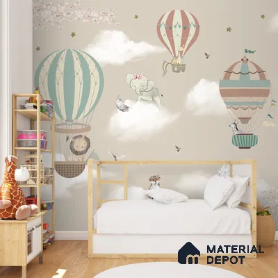 Hot Air Balloons with Animals Wallpaper for Kids Room Walls, Kids Wall Designs Sparkla N Shine Series Soft Feel Entertainment Design (Customised Size Wallpaper)